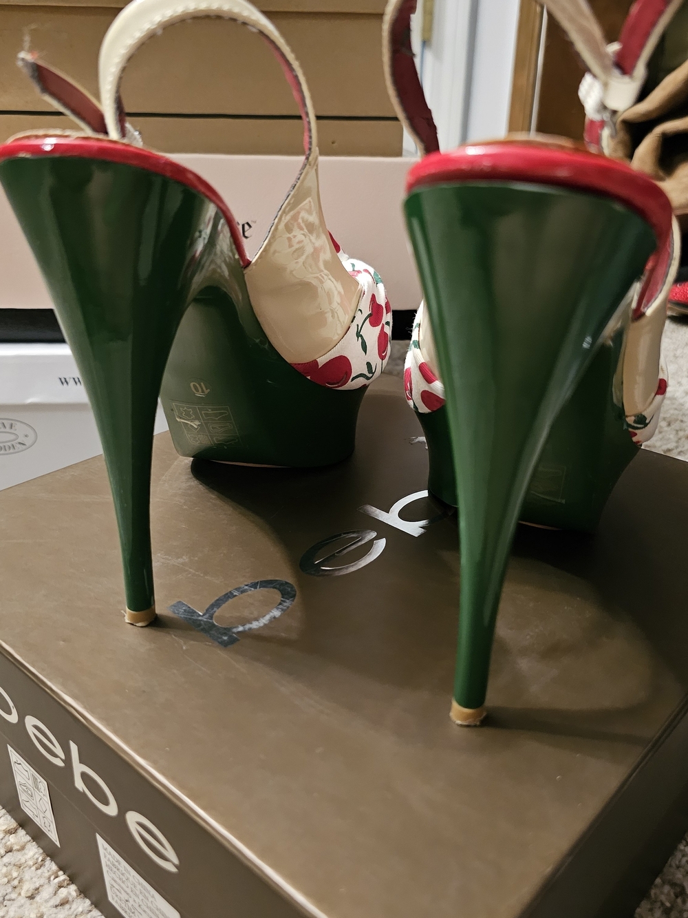 bebe Cherry-Print Peep Toe Platform Slingbacks in White/Red/Green - Picture 4 of 7